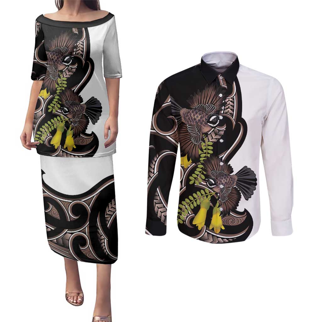 New Zealand Valentines Day Couples Matching Puletasi and Long Sleeve Button Shirt Piwakawaka Lovers Maori Koru Tattoo - Aussie Hoodie