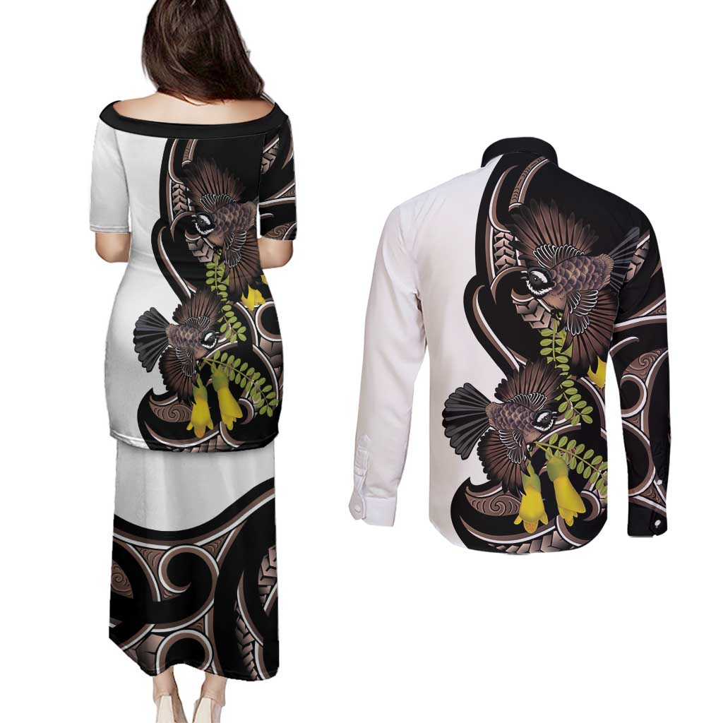 New Zealand Valentines Day Couples Matching Puletasi and Long Sleeve Button Shirt Piwakawaka Lovers Maori Koru Tattoo - Aussie Hoodie