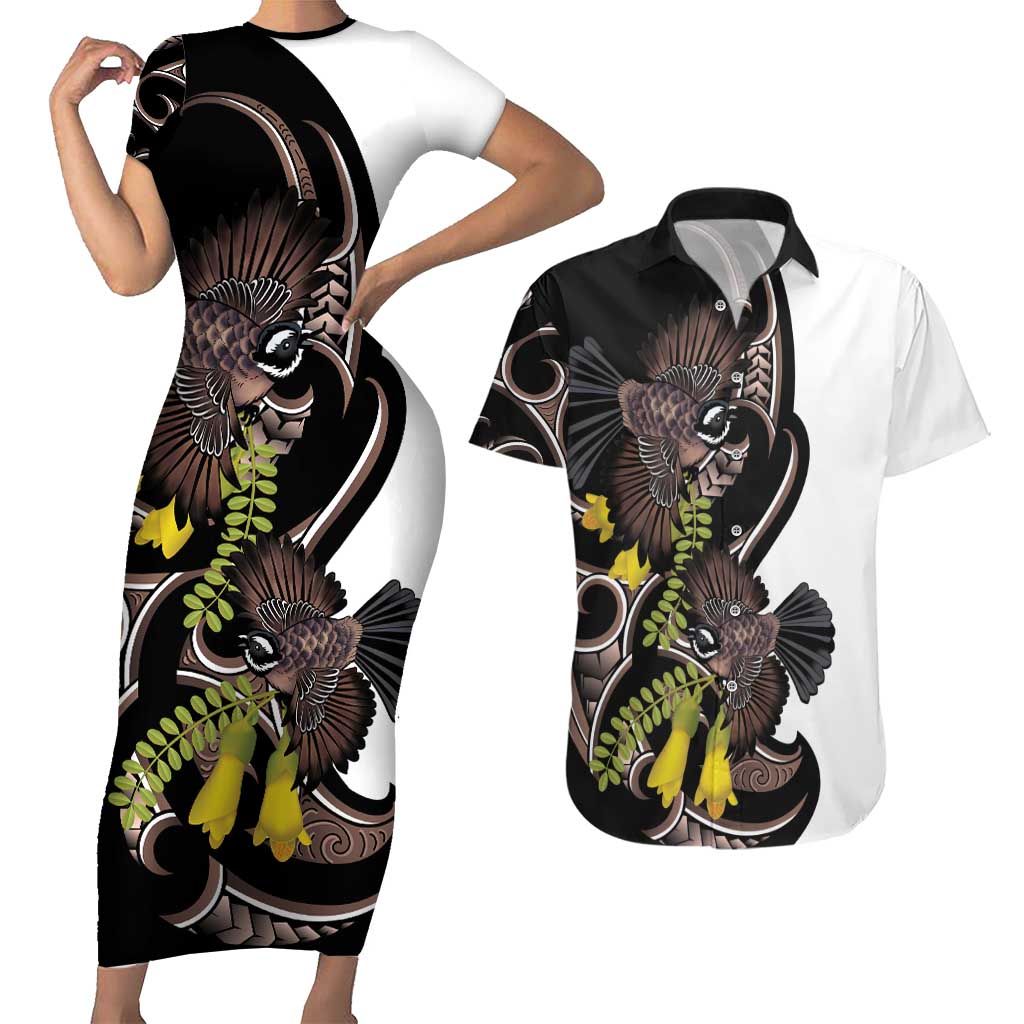 New Zealand Valentines Day Couples Matching Short Sleeve Bodycon Dress and Hawaiian Shirt Piwakawaka Lovers Maori Koru Tattoo - Aussie Hoodie
