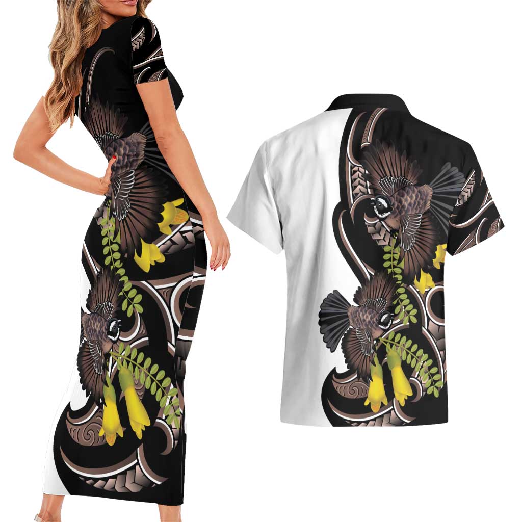 New Zealand Valentines Day Couples Matching Short Sleeve Bodycon Dress and Hawaiian Shirt Piwakawaka Lovers Maori Koru Tattoo - Aussie Hoodie