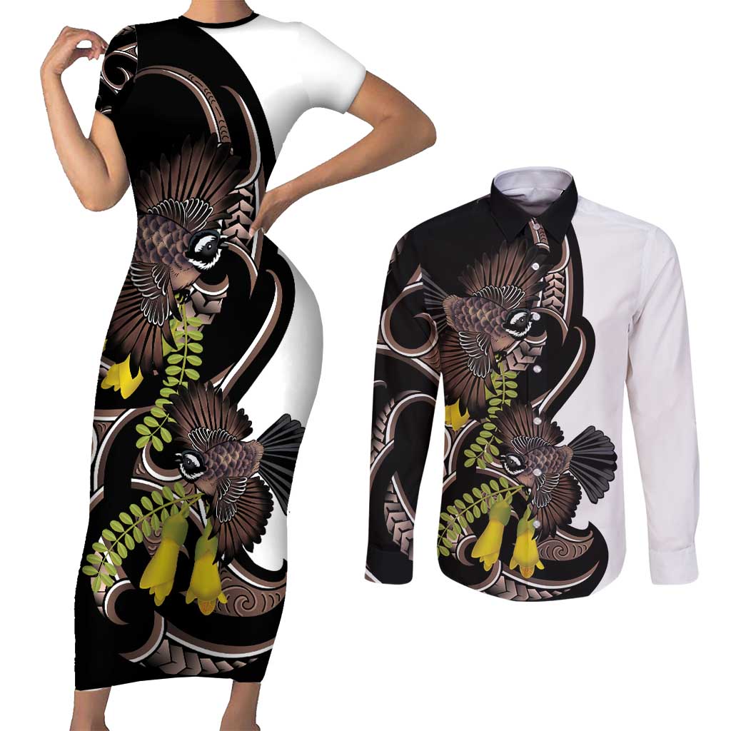 New Zealand Valentines Day Couples Matching Short Sleeve Bodycon Dress and Long Sleeve Button Shirt Piwakawaka Lovers Maori Koru Tattoo - Aussie Hoodie