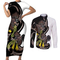 New Zealand Valentines Day Couples Matching Short Sleeve Bodycon Dress and Long Sleeve Button Shirt Piwakawaka Lovers Maori Koru Tattoo - Aussie Hoodie
