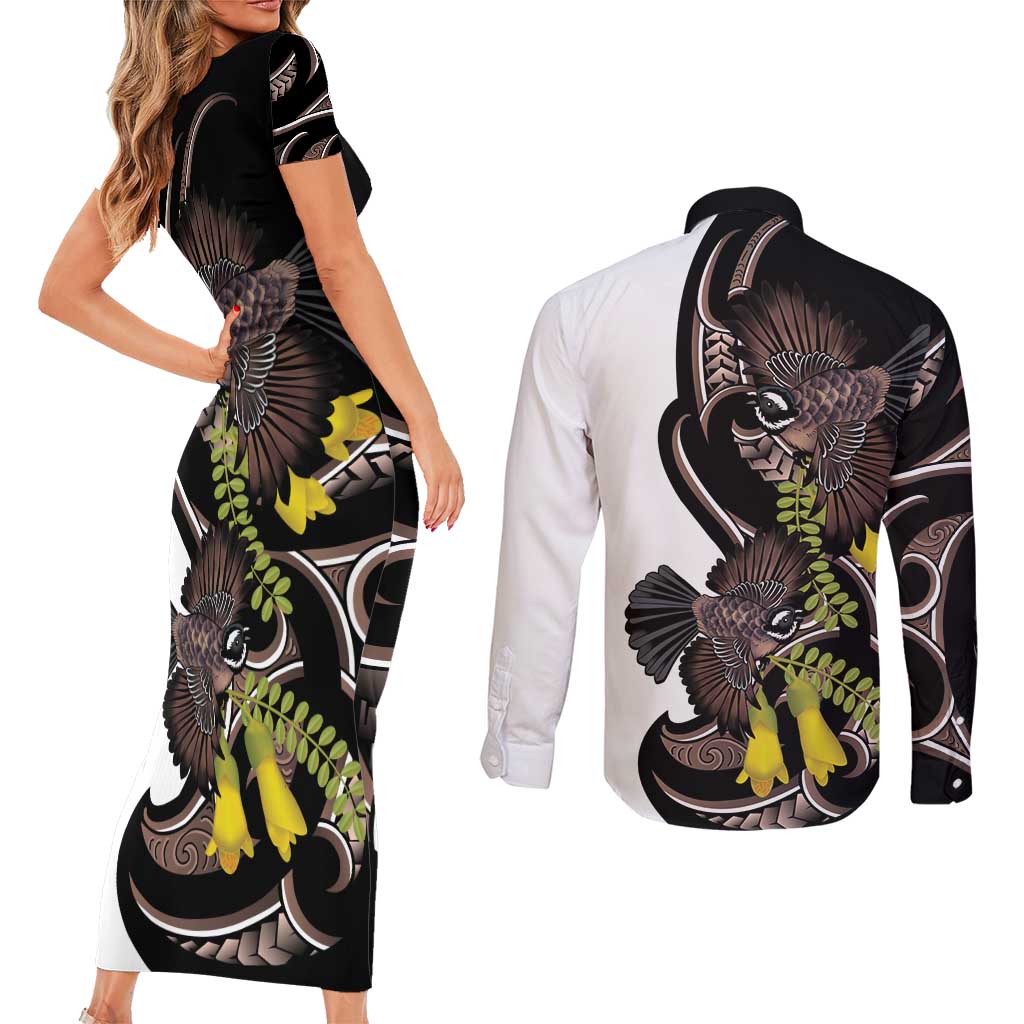 New Zealand Valentines Day Couples Matching Short Sleeve Bodycon Dress and Long Sleeve Button Shirt Piwakawaka Lovers Maori Koru Tattoo - Aussie Hoodie