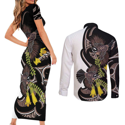 New Zealand Valentines Day Couples Matching Short Sleeve Bodycon Dress and Long Sleeve Button Shirt Piwakawaka Lovers Maori Koru Tattoo - Aussie Hoodie