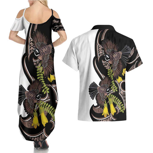 New Zealand Valentines Day Couples Matching Summer Maxi Dress and Hawaiian Shirt Piwakawaka Lovers Maori Koru Tattoo - Aussie Hoodie
