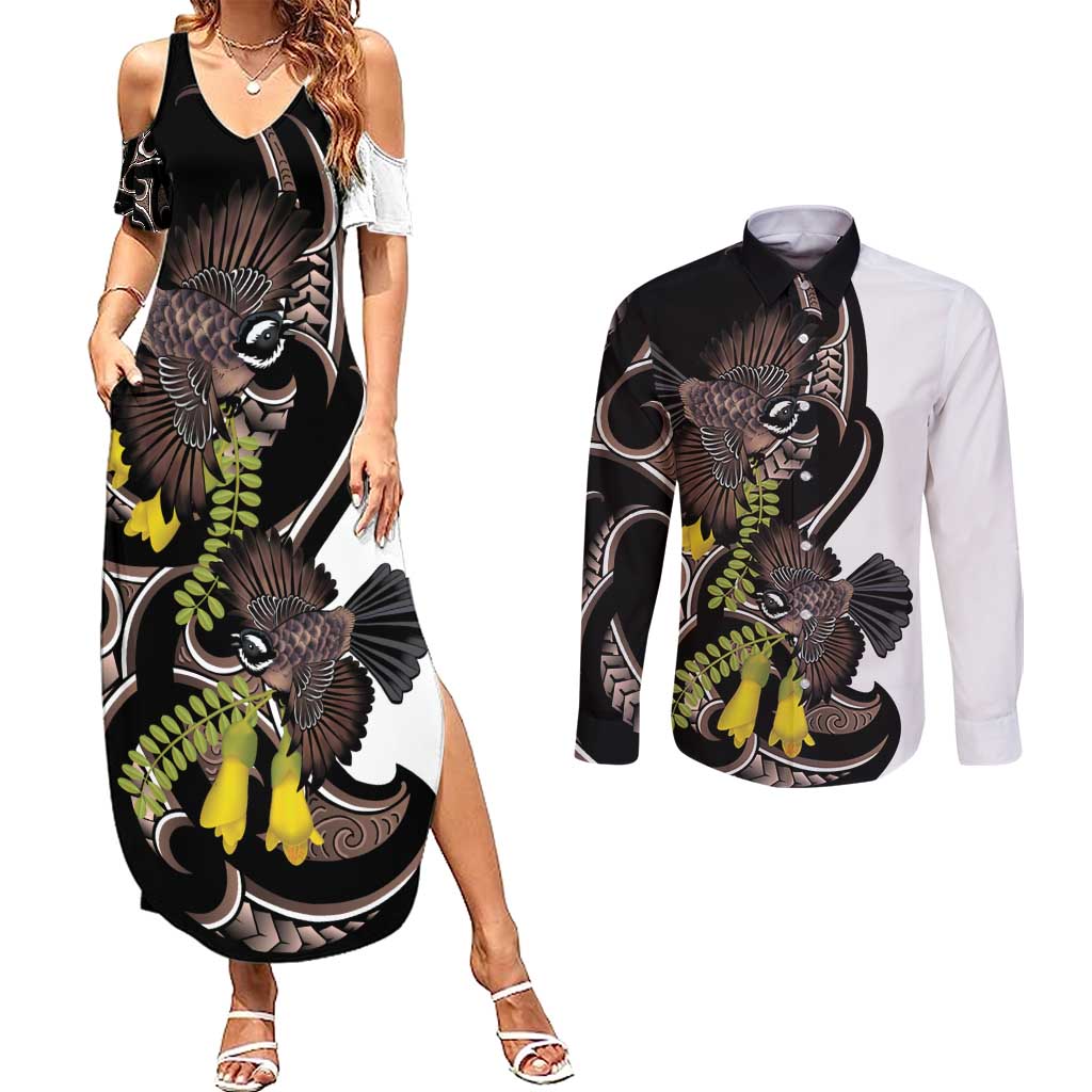 New Zealand Valentines Day Couples Matching Summer Maxi Dress and Long Sleeve Button Shirt Piwakawaka Lovers Maori Koru Tattoo - Aussie Hoodie