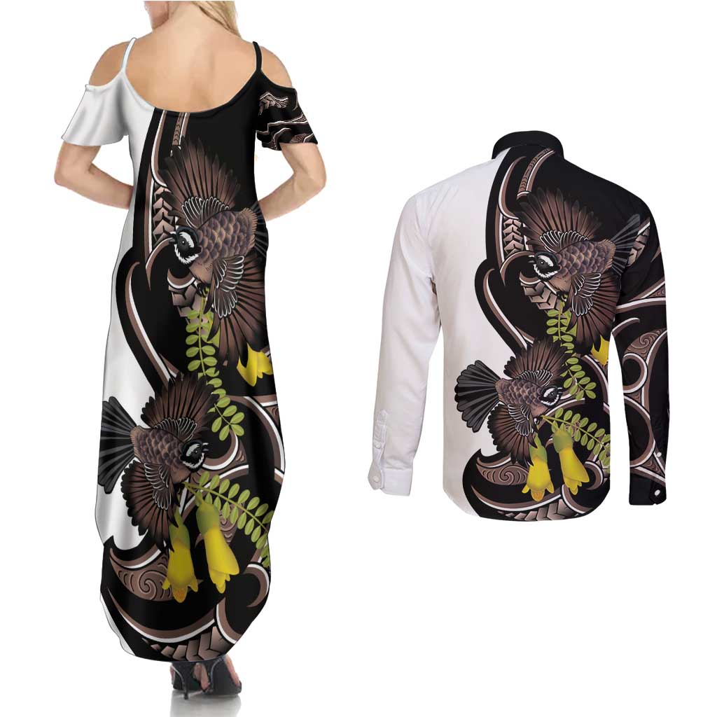 New Zealand Valentines Day Couples Matching Summer Maxi Dress and Long Sleeve Button Shirt Piwakawaka Lovers Maori Koru Tattoo - Aussie Hoodie