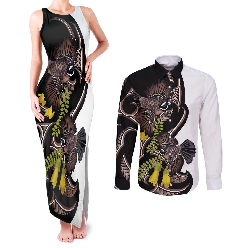 New Zealand Valentines Day Couples Matching Tank Maxi Dress and Long Sleeve Button Shirt Piwakawaka Lovers Maori Koru Tattoo - Aussie Hoodie
