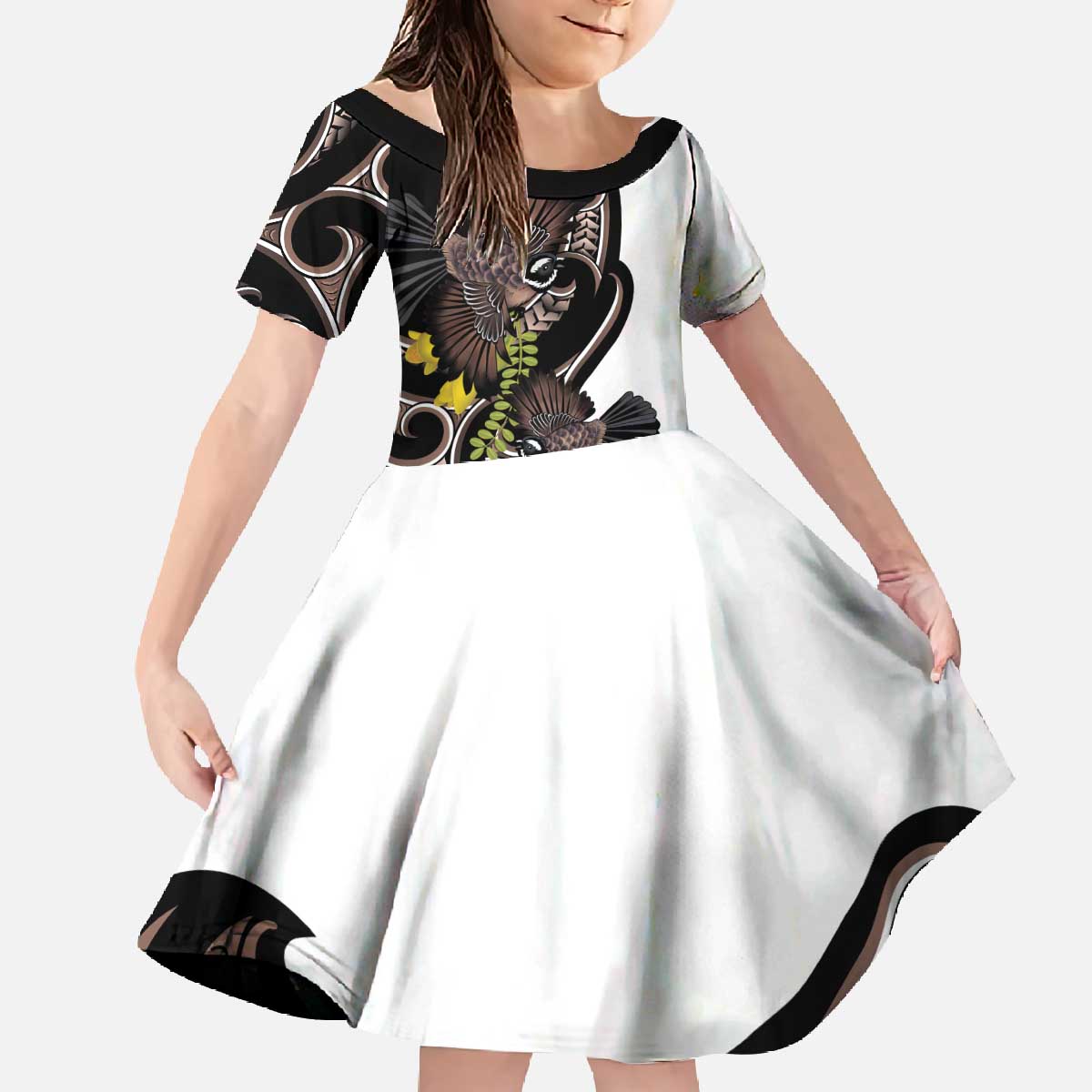 New Zealand Valentines Day Family Matching Off The Shoulder Long Sleeve Dress and Hawaiian Shirt Piwakawaka Lovers Maori Koru Tattoo - Aussie Hoodie