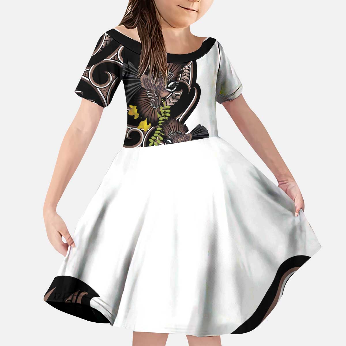 New Zealand Valentines Day Kid Short Sleeve Dress Piwakawaka Lovers Maori Koru Tattoo - Aussie Hoodie