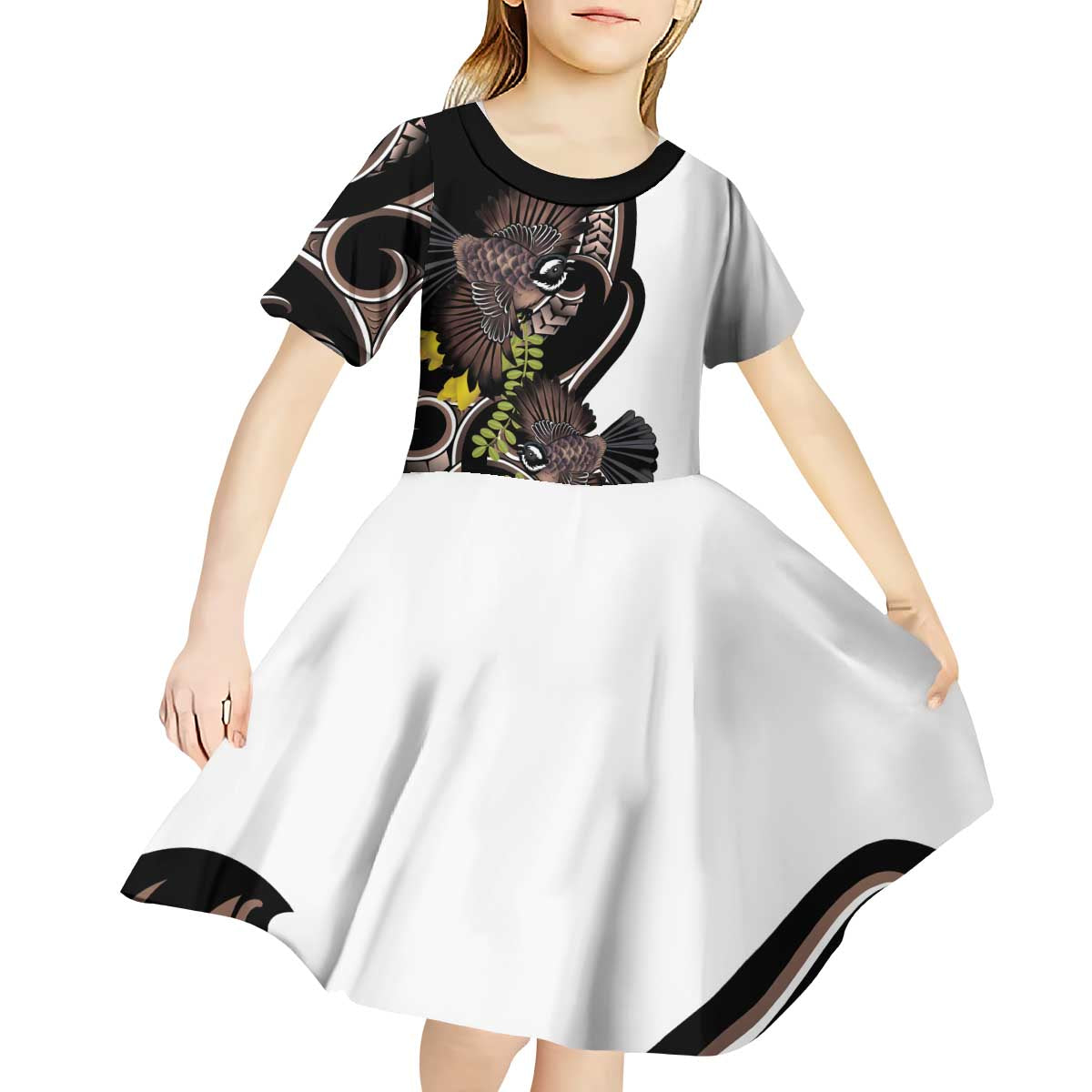 New Zealand Valentines Day Kid Short Sleeve Dress Piwakawaka Lovers Maori Koru Tattoo - Aussie Hoodie