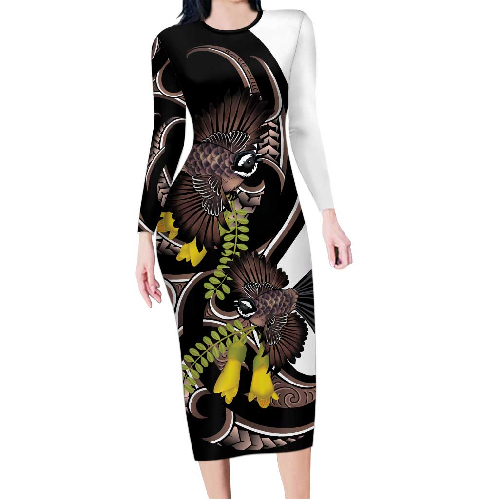 New Zealand Valentines Day Long Sleeve Bodycon Dress Piwakawaka Lovers Maori Koru Tattoo - Aussie Hoodie