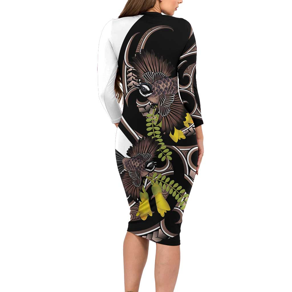 New Zealand Valentines Day Long Sleeve Bodycon Dress Piwakawaka Lovers Maori Koru Tattoo - Aussie Hoodie
