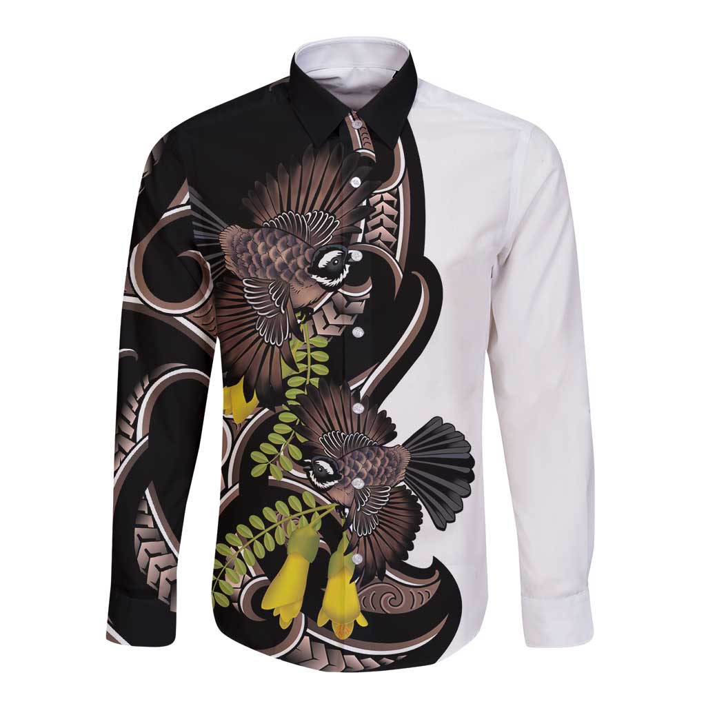 New Zealand Valentines Day Long Sleeve Button Shirt Piwakawaka Lovers Maori Koru Tattoo - Aussie Hoodie