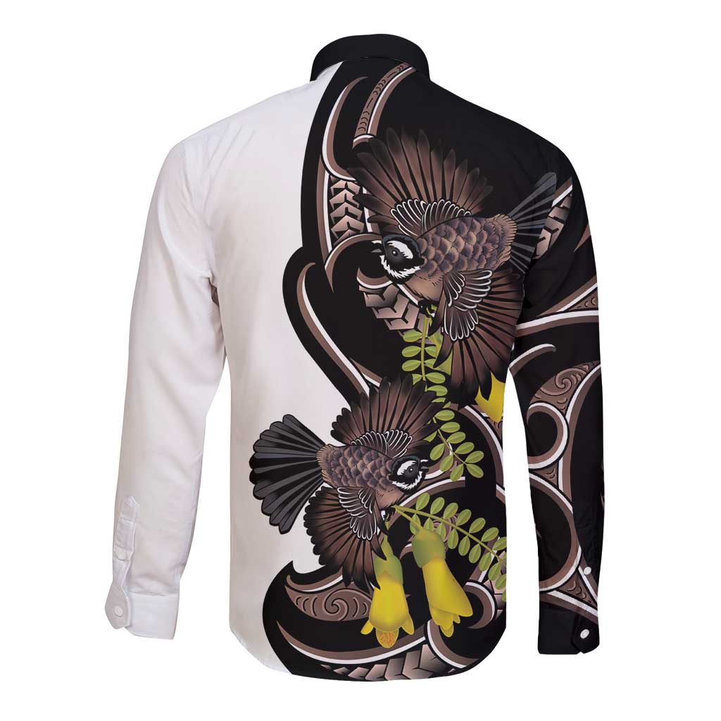 New Zealand Valentines Day Long Sleeve Button Shirt Piwakawaka Lovers Maori Koru Tattoo - Aussie Hoodie