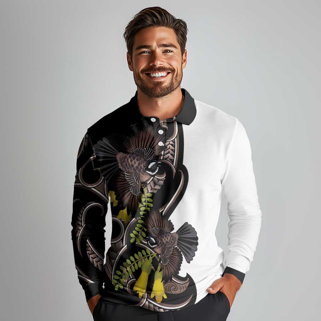 New Zealand Valentines Day Long Sleeve Polo Shirt Piwakawaka Lovers Maori Koru Tattoo - Aussie Hoodie