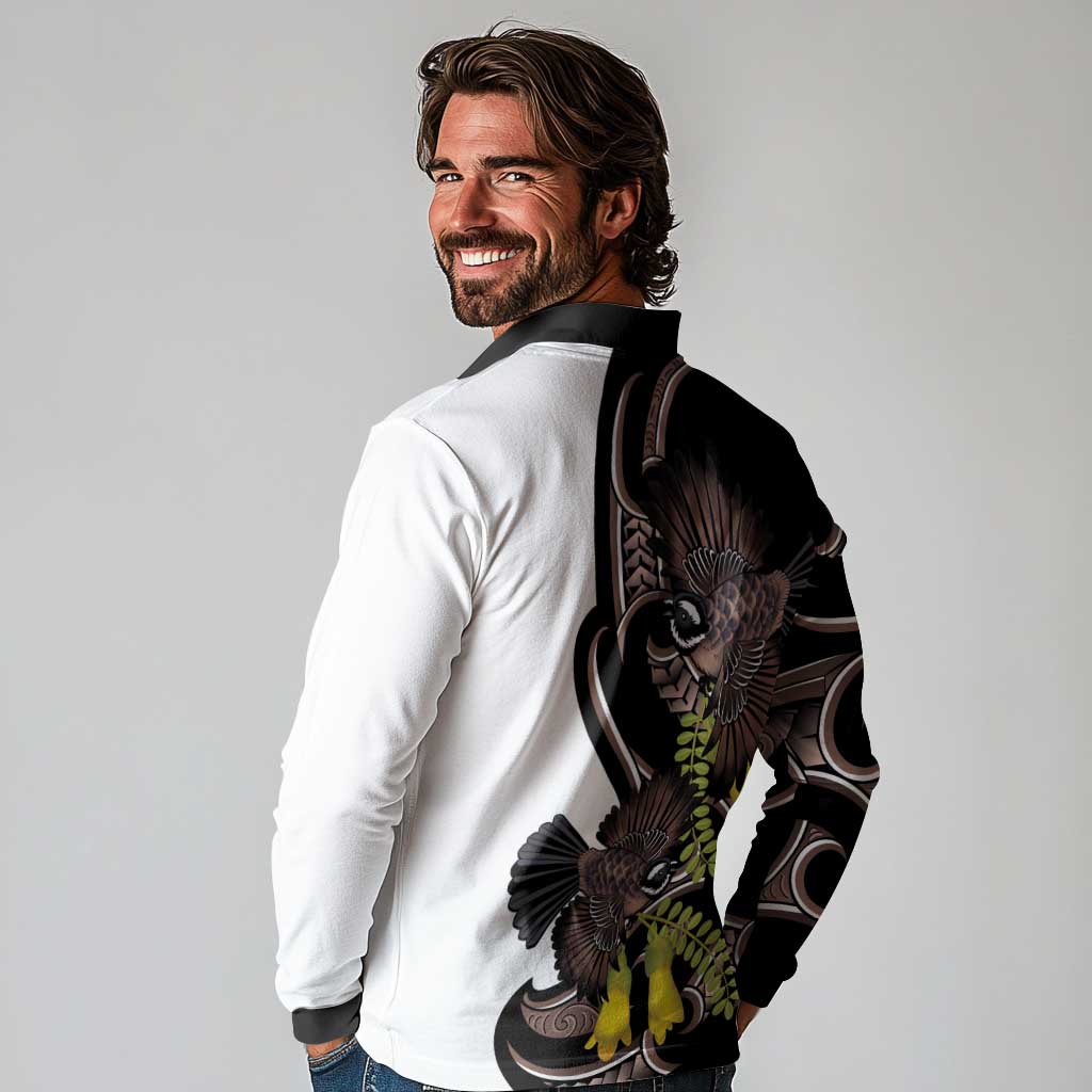 New Zealand Valentines Day Long Sleeve Polo Shirt Piwakawaka Lovers Maori Koru Tattoo - Aussie Hoodie