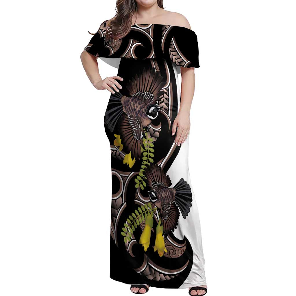New Zealand Valentines Day Off Shoulder Maxi Dress Piwakawaka Lovers Maori Koru Tattoo - Aussie Hoodie