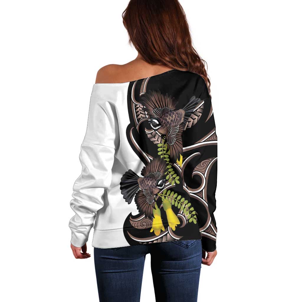 New Zealand Valentines Day Off Shoulder Sweater Piwakawaka Lovers Maori Koru Tattoo - Aussie Hoodie