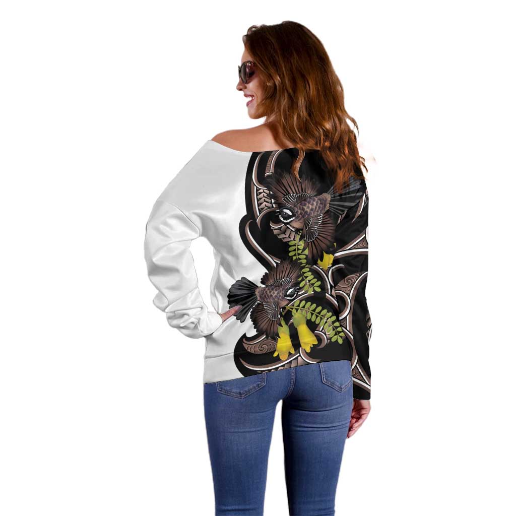 New Zealand Valentines Day Off Shoulder Sweater Piwakawaka Lovers Maori Koru Tattoo - Aussie Hoodie
