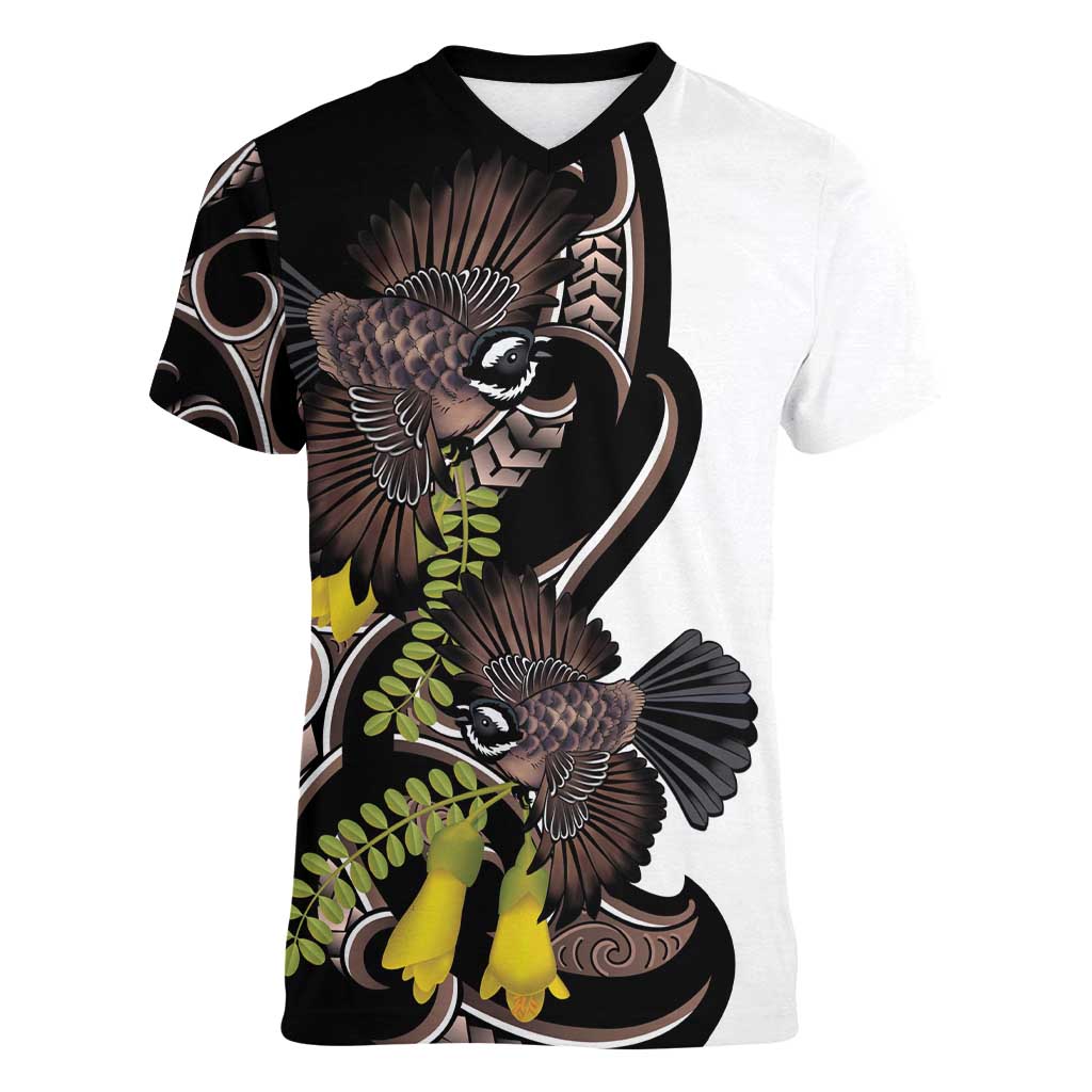 New Zealand Valentines Day Women V-Neck T-Shirt Piwakawaka Lovers Maori Koru Tattoo - Aussie Hoodie