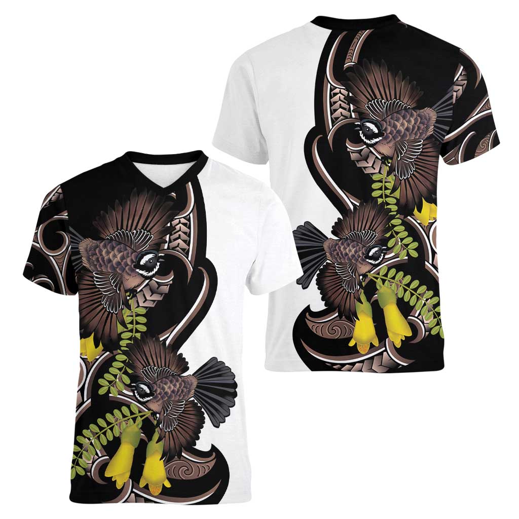 New Zealand Valentines Day Women V-Neck T-Shirt Piwakawaka Lovers Maori Koru Tattoo - Aussie Hoodie