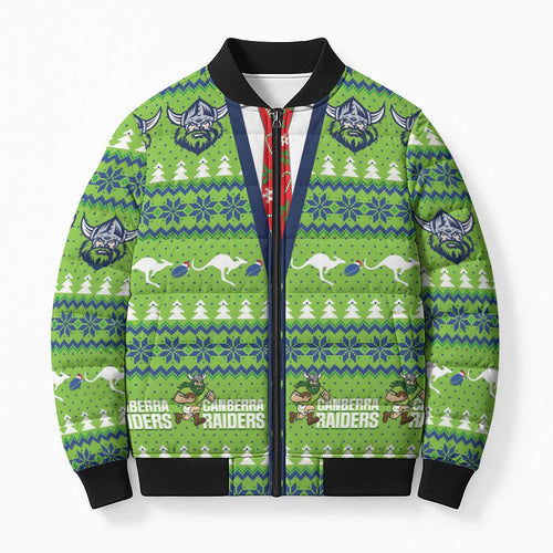 Raiders Rugby Christmas Bomber Puffer Jacket Merry Xmas Canberra Cardigan Style - Aussie Hoodie