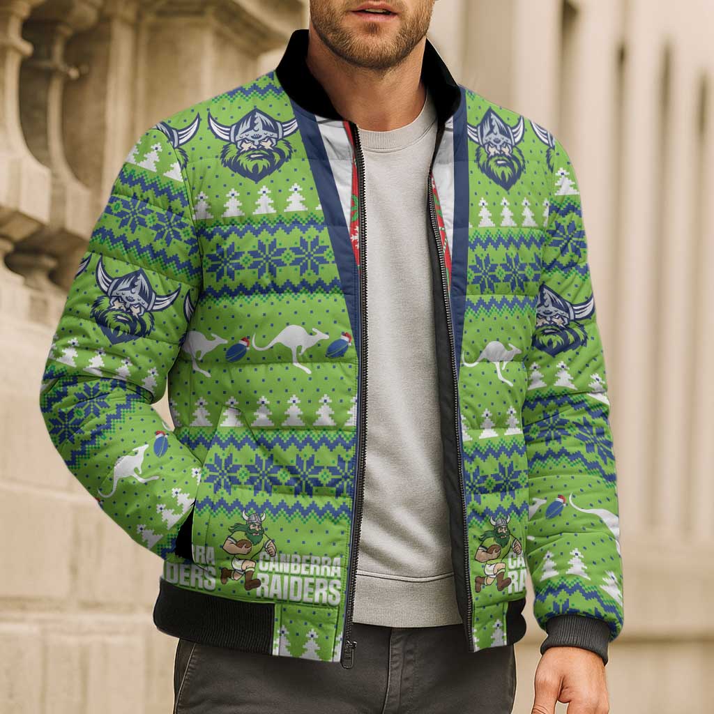 Raiders Rugby Christmas Bomber Puffer Jacket Merry Xmas Canberra Cardigan Style - Aussie Hoodie