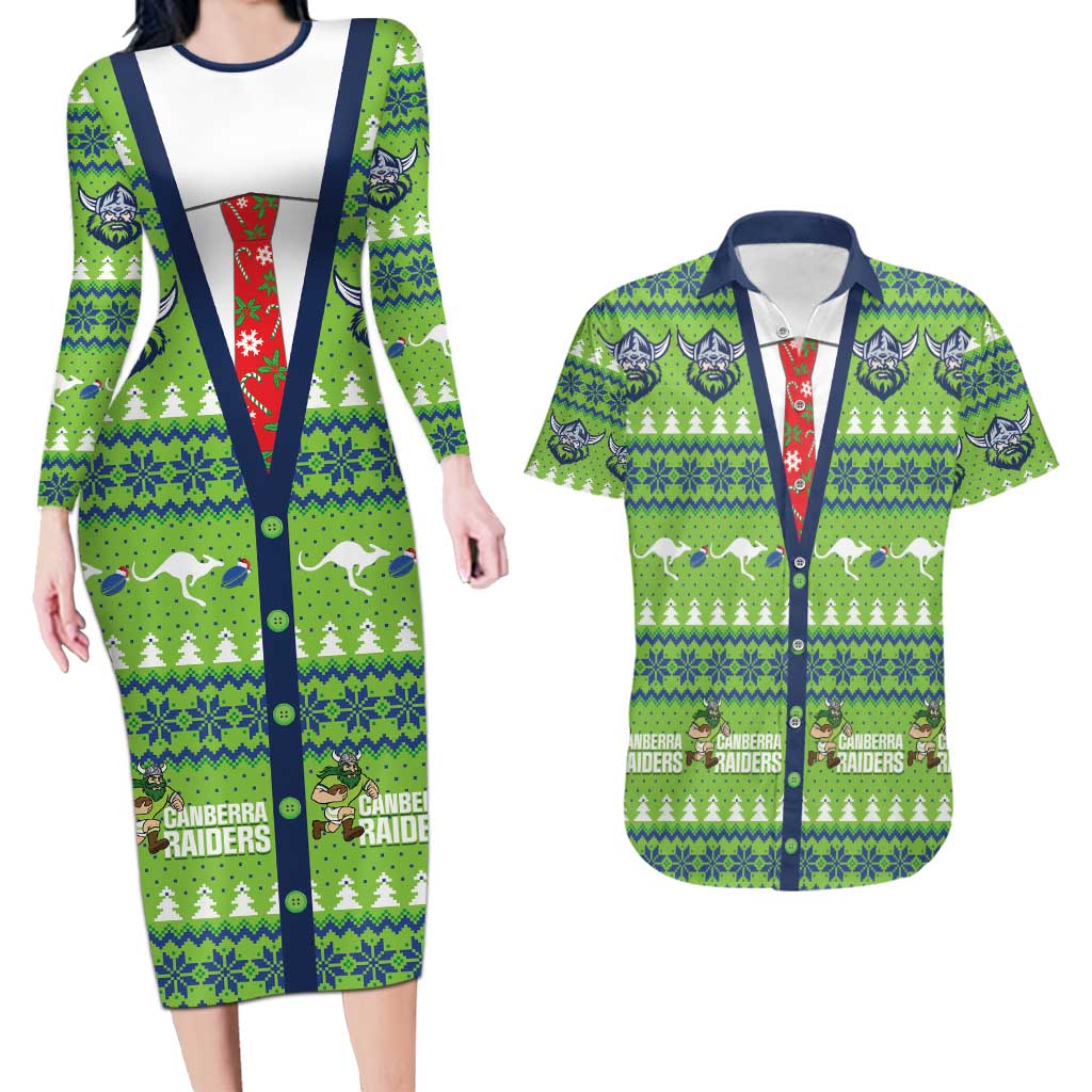 Raiders Rugby Christmas Couples Matching Long Sleeve Bodycon Dress and Hawaiian Shirt Merry Xmas Canberra Cardigan Style - Aussie Hoodie