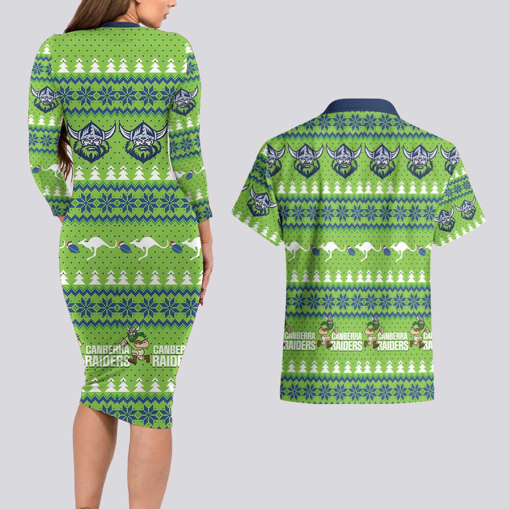 Raiders Rugby Christmas Couples Matching Long Sleeve Bodycon Dress and Hawaiian Shirt Merry Xmas Canberra Cardigan Style - Aussie Hoodie
