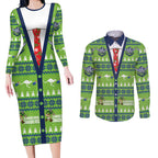 Raiders Rugby Christmas Couples Matching Long Sleeve Bodycon Dress and Long Sleeve Button Shirt Merry Xmas Canberra Cardigan Style - Aussie Hoodie