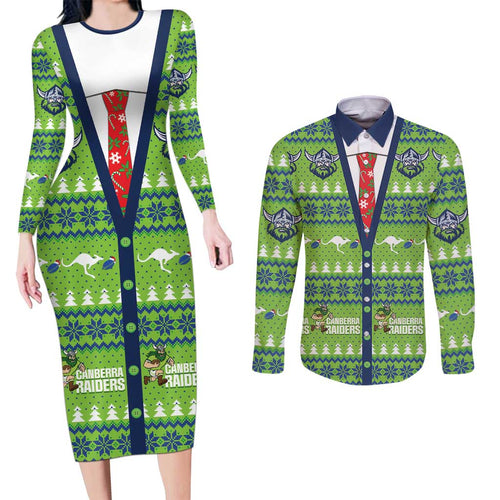 Raiders Rugby Christmas Couples Matching Long Sleeve Bodycon Dress and Long Sleeve Button Shirt Merry Xmas Canberra Cardigan Style - Aussie Hoodie