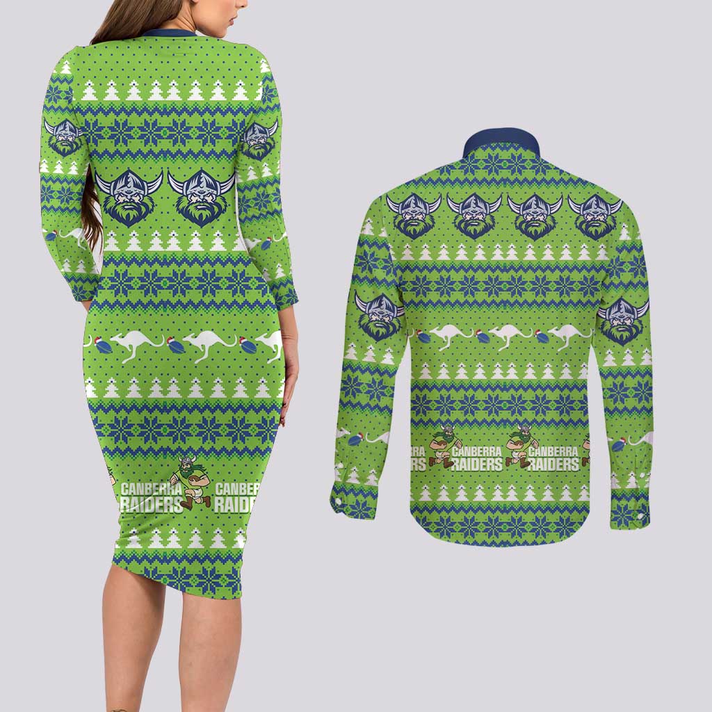 Raiders Rugby Christmas Couples Matching Long Sleeve Bodycon Dress and Long Sleeve Button Shirt Merry Xmas Canberra Cardigan Style - Aussie Hoodie