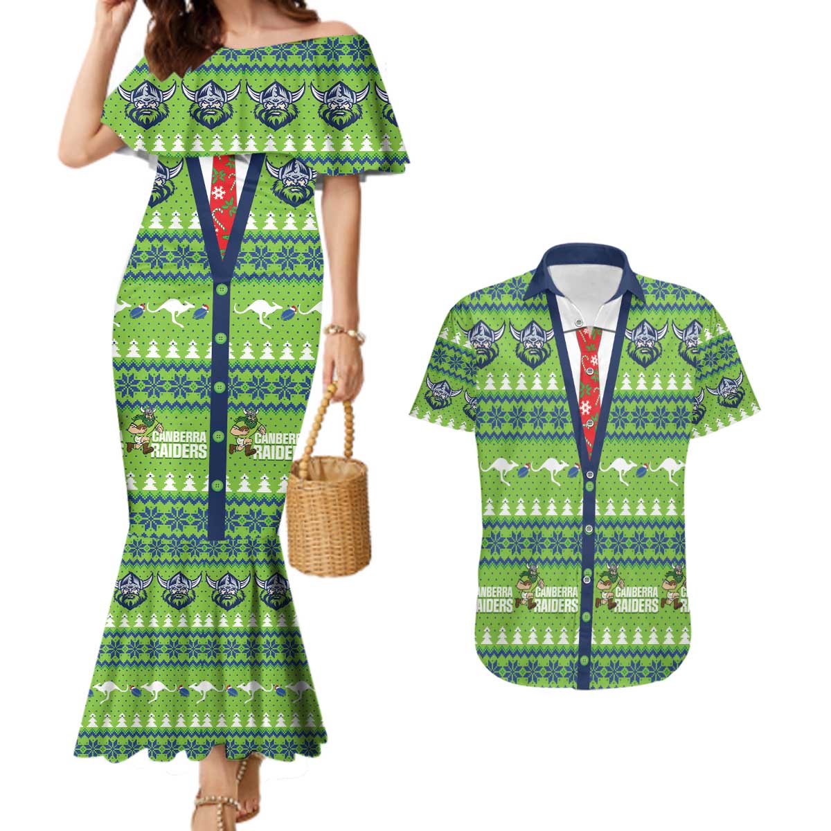 Raiders Rugby Christmas Couples Matching Mermaid Dress and Hawaiian Shirt Merry Xmas Canberra Cardigan Style - Aussie Hoodie