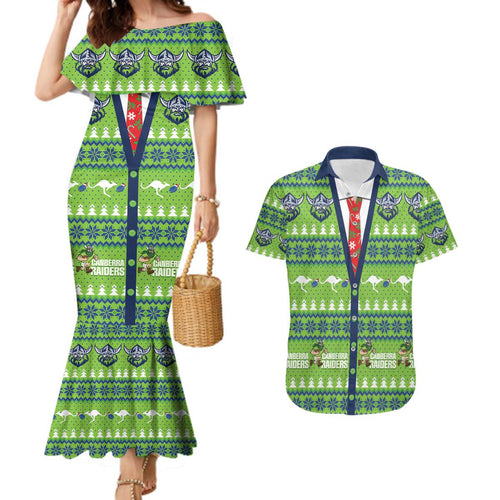Raiders Rugby Christmas Couples Matching Mermaid Dress and Hawaiian Shirt Merry Xmas Canberra Cardigan Style - Aussie Hoodie