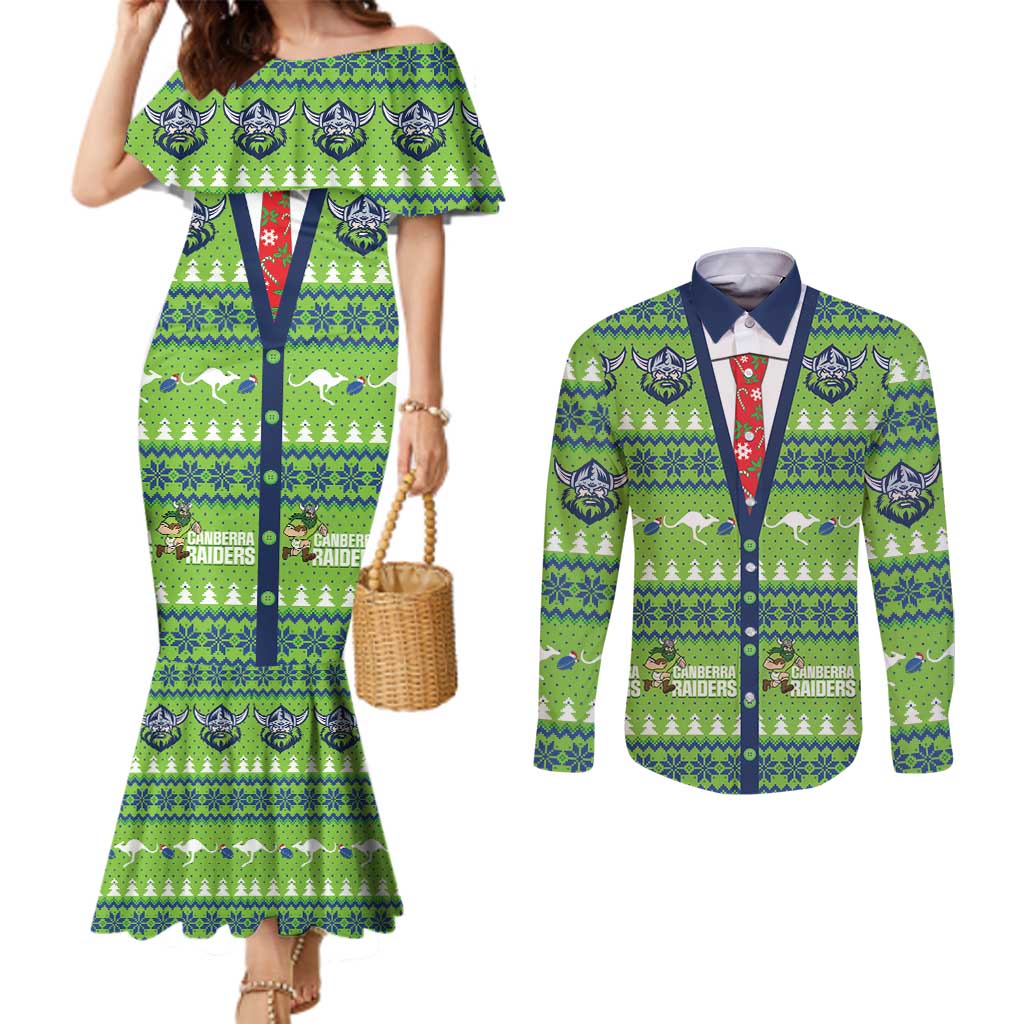 Raiders Rugby Christmas Couples Matching Mermaid Dress and Long Sleeve Button Shirt Merry Xmas Canberra Cardigan Style - Aussie Hoodie