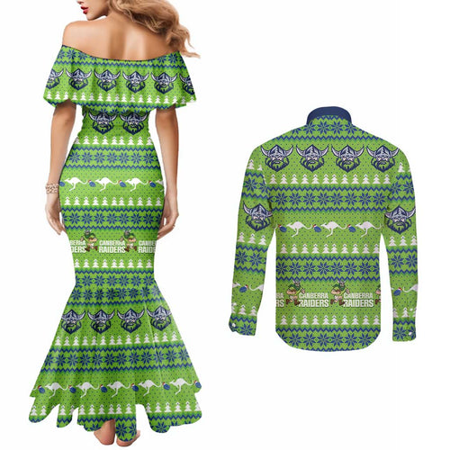 Raiders Rugby Christmas Couples Matching Mermaid Dress and Long Sleeve Button Shirt Merry Xmas Canberra Cardigan Style - Aussie Hoodie