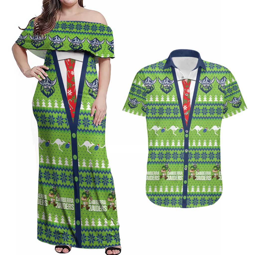 Raiders Rugby Christmas Couples Matching Off Shoulder Maxi Dress and Hawaiian Shirt Merry Xmas Canberra Cardigan Style - Aussie Hoodie