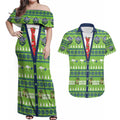 Raiders Rugby Christmas Couples Matching Off Shoulder Maxi Dress and Hawaiian Shirt Merry Xmas Canberra Cardigan Style - Aussie Hoodie