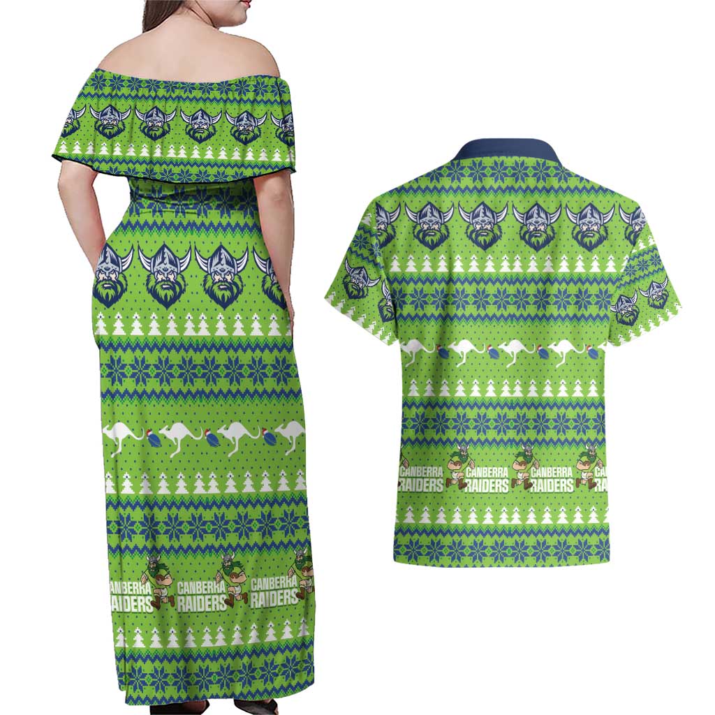 Raiders Rugby Christmas Couples Matching Off Shoulder Maxi Dress and Hawaiian Shirt Merry Xmas Canberra Cardigan Style - Aussie Hoodie