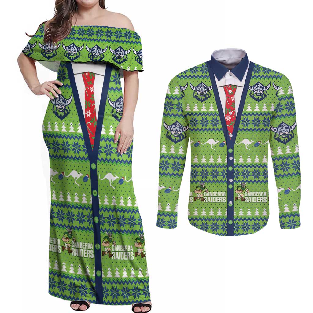 Raiders Rugby Christmas Couples Matching Off Shoulder Maxi Dress and Long Sleeve Button Shirt Merry Xmas Canberra Cardigan Style - Aussie Hoodie