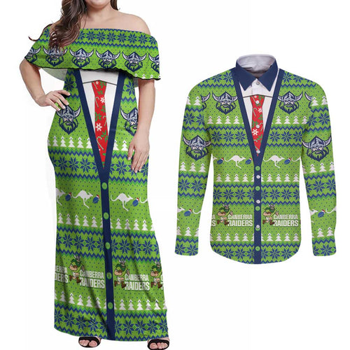 Raiders Rugby Christmas Couples Matching Off Shoulder Maxi Dress and Long Sleeve Button Shirt Merry Xmas Canberra Cardigan Style - Aussie Hoodie