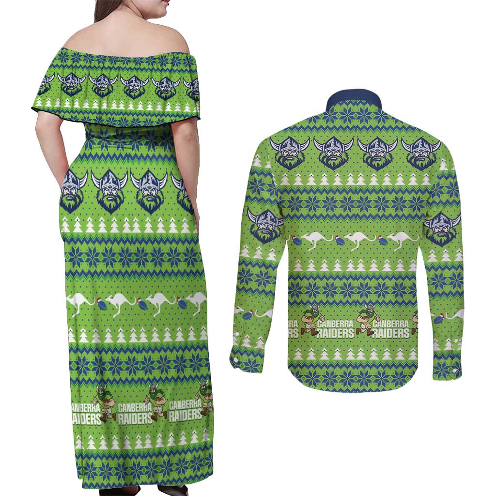 Raiders Rugby Christmas Couples Matching Off Shoulder Maxi Dress and Long Sleeve Button Shirt Merry Xmas Canberra Cardigan Style - Aussie Hoodie