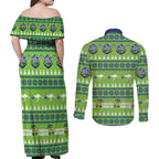 Raiders Rugby Christmas Couples Matching Off Shoulder Maxi Dress and Long Sleeve Button Shirt Merry Xmas Canberra Cardigan Style - Aussie Hoodie
