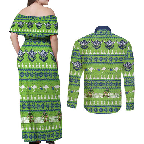 Raiders Rugby Christmas Couples Matching Off Shoulder Maxi Dress and Long Sleeve Button Shirt Merry Xmas Canberra Cardigan Style - Aussie Hoodie