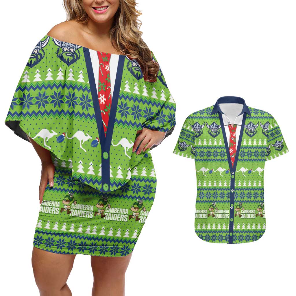 Raiders Rugby Christmas Couples Matching Off Shoulder Short Dress and Hawaiian Shirt Merry Xmas Canberra Cardigan Style - Aussie Hoodie