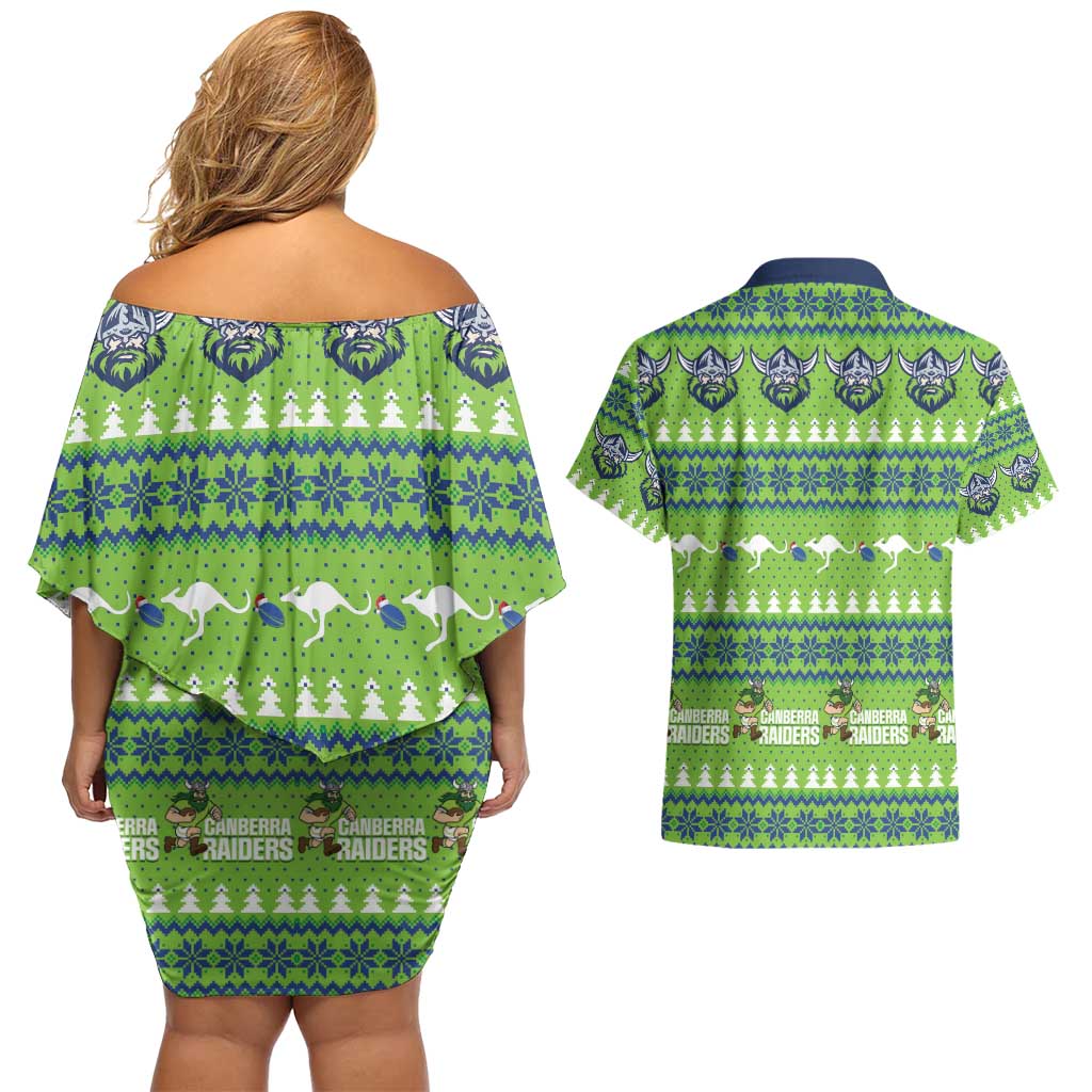 Raiders Rugby Christmas Couples Matching Off Shoulder Short Dress and Hawaiian Shirt Merry Xmas Canberra Cardigan Style - Aussie Hoodie