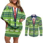 Raiders Rugby Christmas Couples Matching Off Shoulder Short Dress and Long Sleeve Button Shirt Merry Xmas Canberra Cardigan Style - Aussie Hoodie