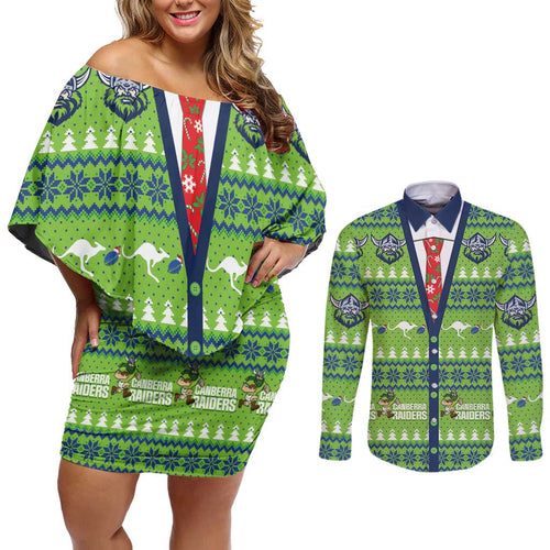 Raiders Rugby Christmas Couples Matching Off Shoulder Short Dress and Long Sleeve Button Shirt Merry Xmas Canberra Cardigan Style - Aussie Hoodie
