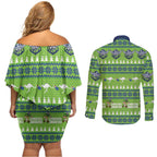 Raiders Rugby Christmas Couples Matching Off Shoulder Short Dress and Long Sleeve Button Shirt Merry Xmas Canberra Cardigan Style - Aussie Hoodie